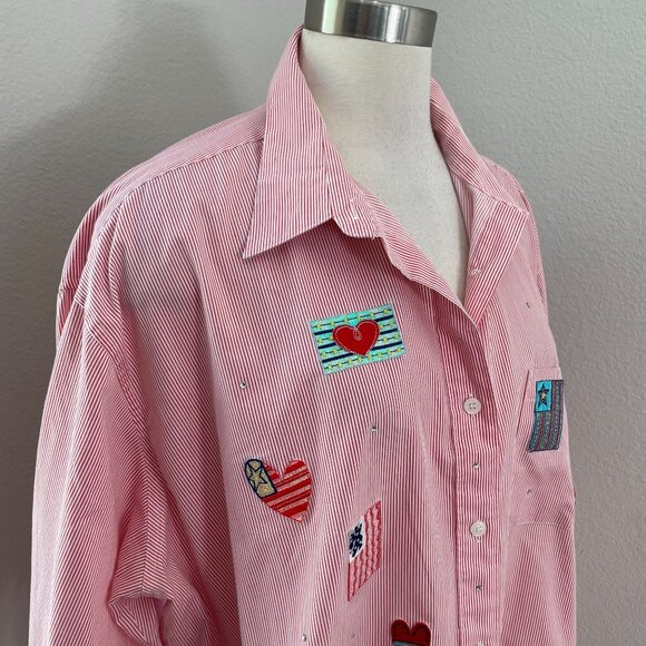 MiLi Designs Womens Plus 1X Button Up Shirt Heart Patches Red Striped Blouse Top - Picture 2 of 11